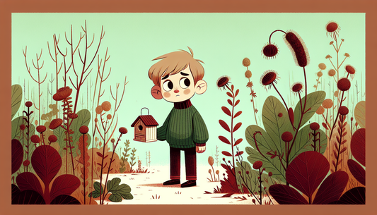 Kind schaut ratlos im leeren Garten mit verwelkten Pflanzen, hält ein Insektenhotel, warmfarbige, cartoonhafte Illustration.