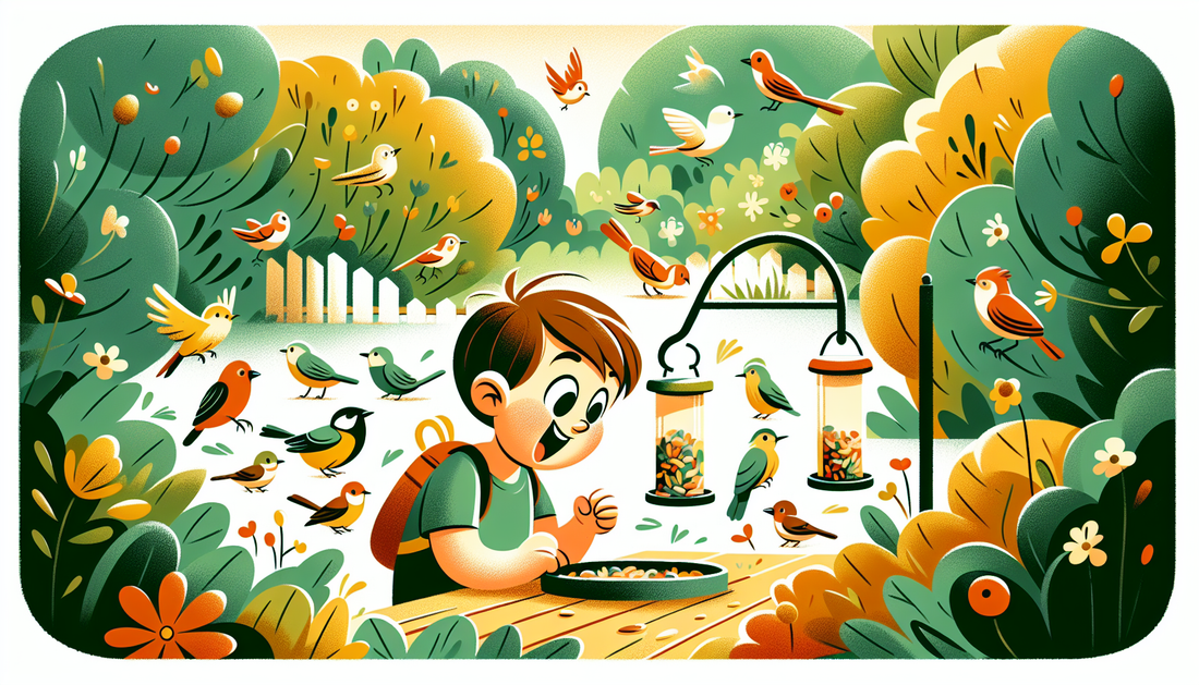 Kind beobachtet neugierig bunten Garten mit Vögeln, nahe einem Vogelhaus, in sanften Farben in europäischem Comicstil.