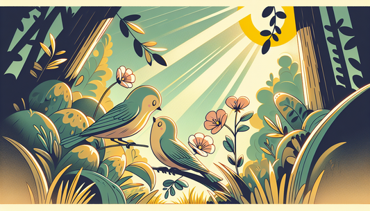 Paarung turtelnder Vögel in sonnigem Garten, liebevoll illustriert im europäischen Comic-Stil.