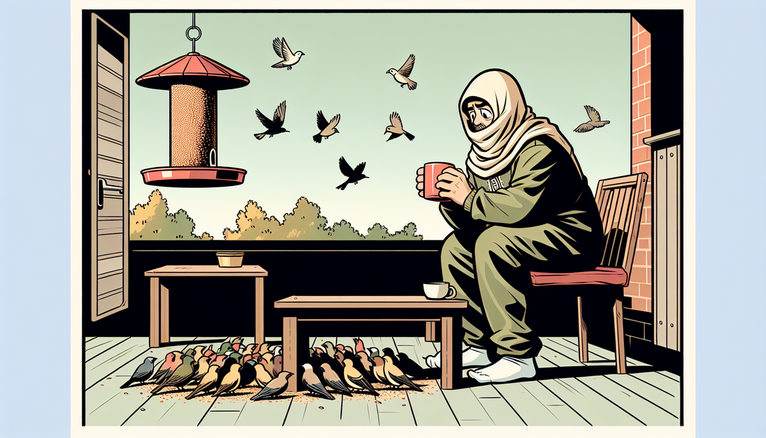 Person auf Terrasse mit Kaffeebecher, besorgt über invasive Vögel am Futterplatz, in warmen Farben und einfachem Comic-Stil.