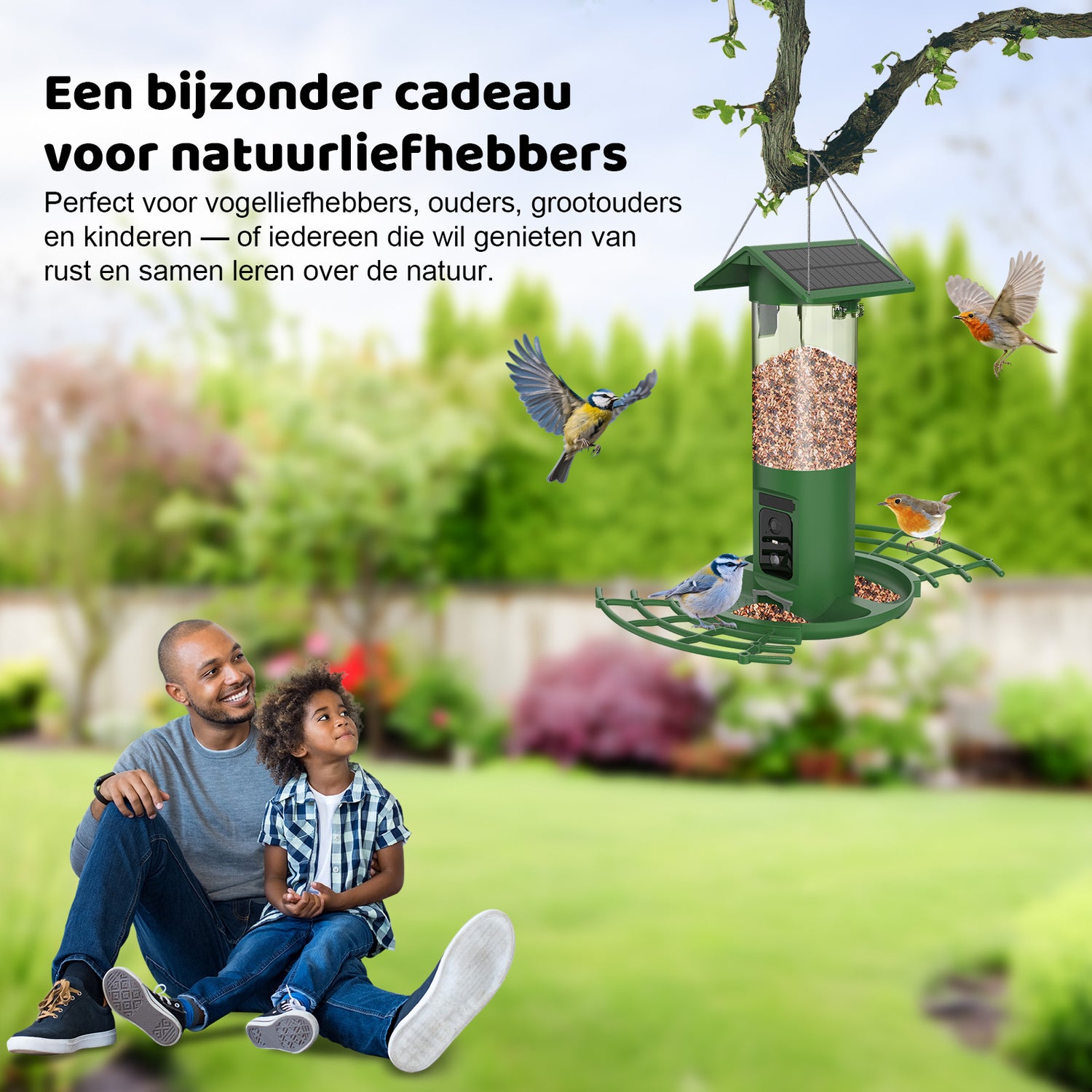 Grünes, solarbetriebenes Vogelhaus mit integrierter Kamera und ringförmiger Sitzstange, hängend an einem Ast, umgeben von mehreren Singvögeln im Garten; ein Mann und ein Kind beobachten es im Hintergrund