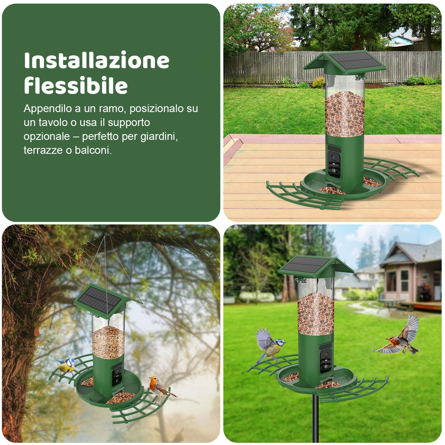 Produktbild: Grünes Vogelhaus mit integrierter Kamera und Solardach; Collage zeigt flexible Montage – hängend am Ast, auf dem Tisch oder mit Standfuß; ideal für Garten, Terrasse und Balkon; Vögel am Futterring