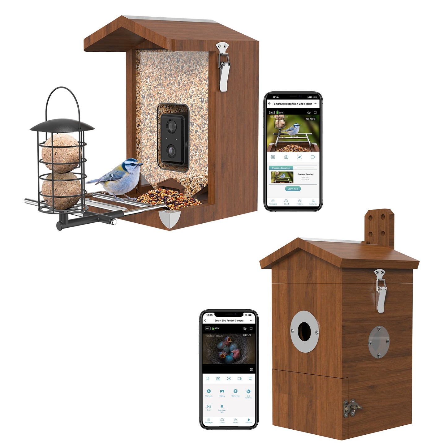 Smartes Vogelhaus aus Holz mit integrierter Kamera, Futterfach und Meisenknödelhalter; Smartphone-App zeigt Live‑Ansicht und Nestaufnahme