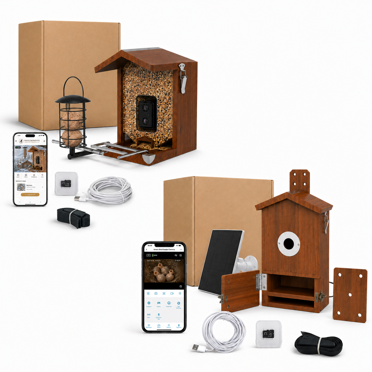 Vogelhaus und Nistkasten mit Kamera im Set inklusive Solarpanel und App-Steuerung für heimische Gartenvögel