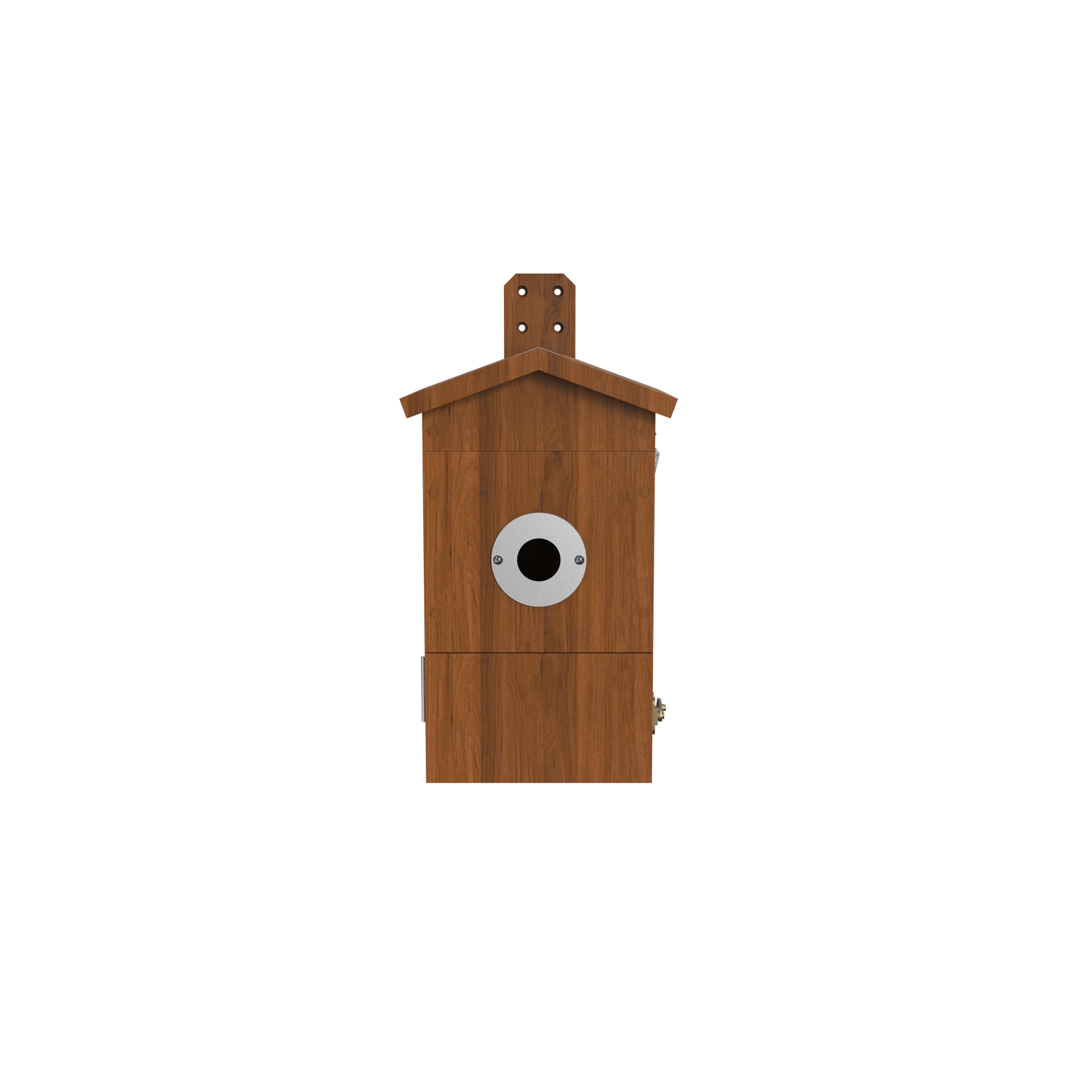 Holz-Vogelhaus mit spitzem Dach, rundem Metalleingang und integrierter Kamera, Frontansicht