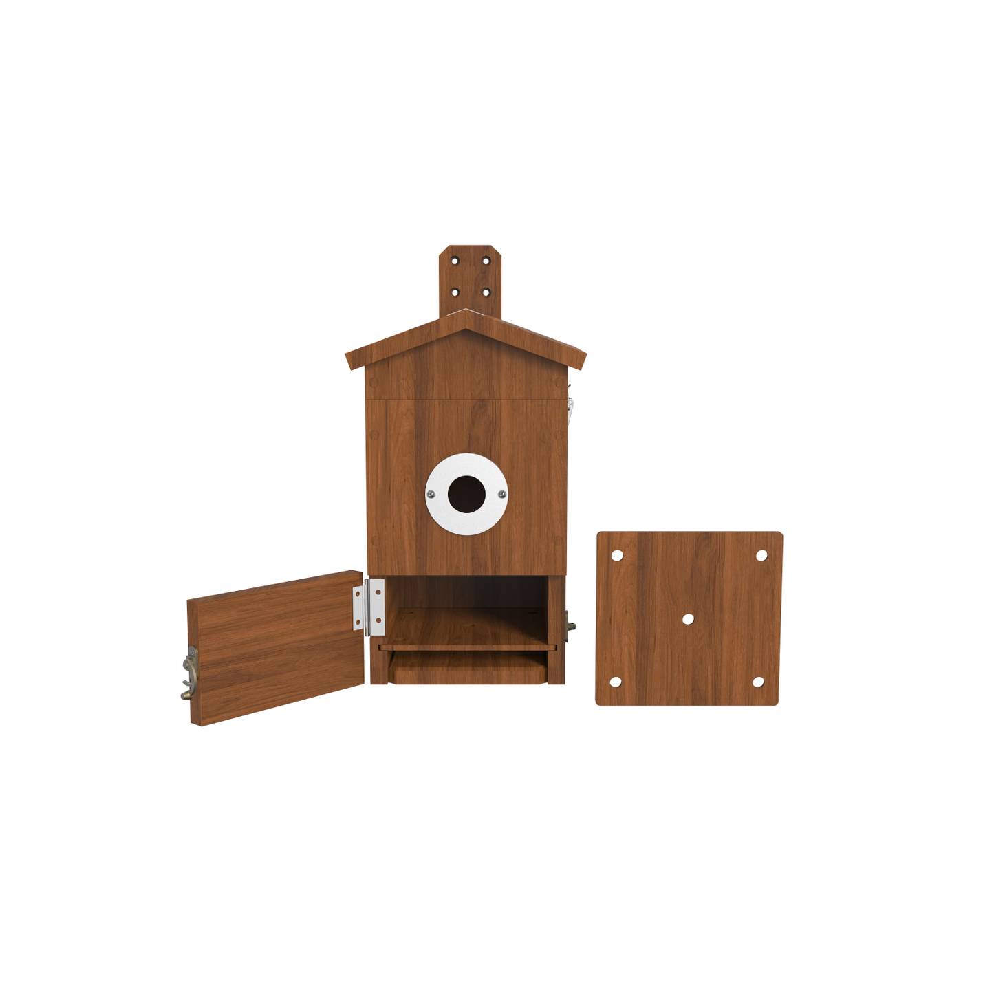 Holz‑Vogelhaus mit weißem Einflugloch‑Ring (für Kamera), geöffneter Reinigungsöffnung und abgenommener Montageplatte, Frontansicht