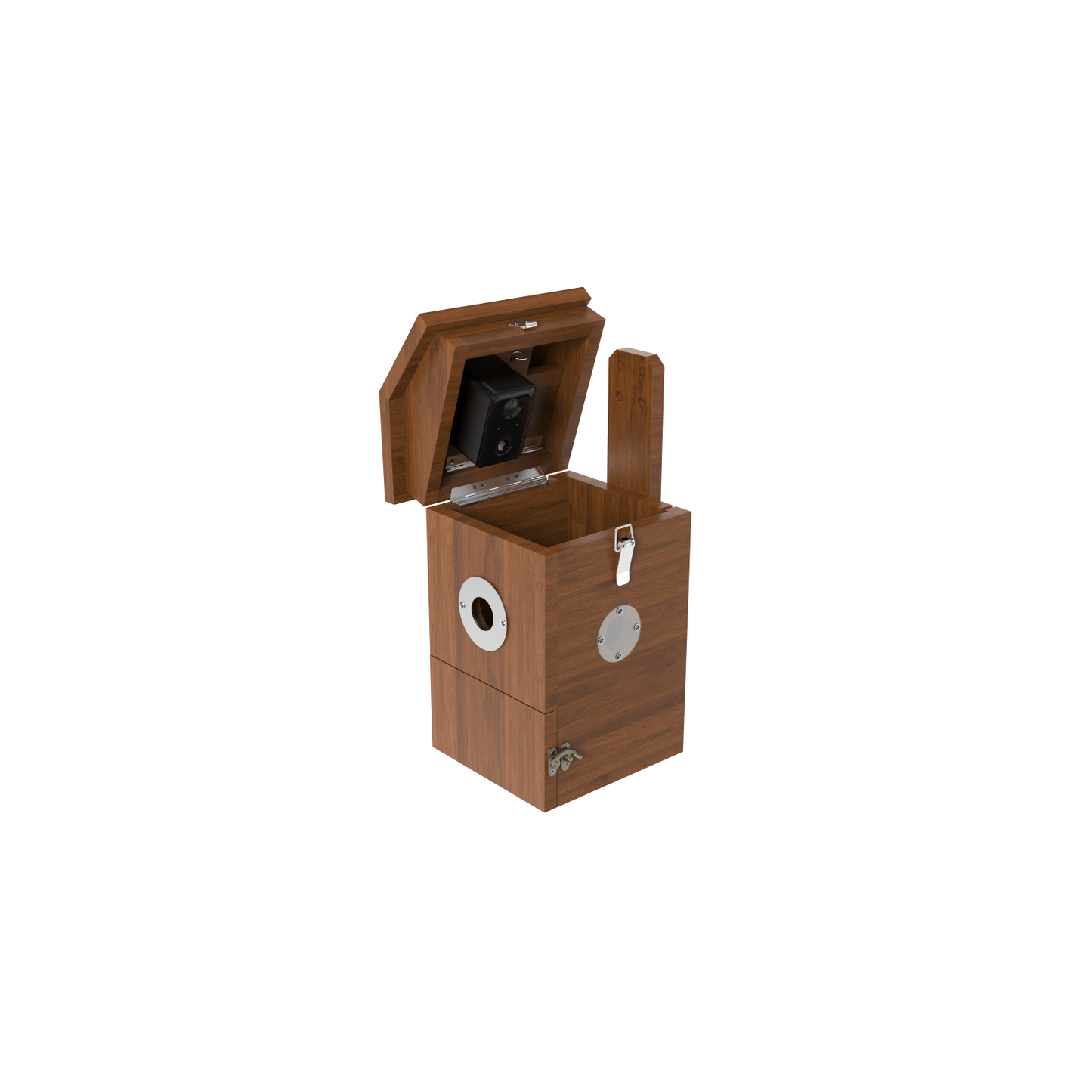 Casetta per uccelli in legno con telecamera integrata, sportello aperto e telecamera visibile all'interno, anello d'ingresso e serratura in metallo