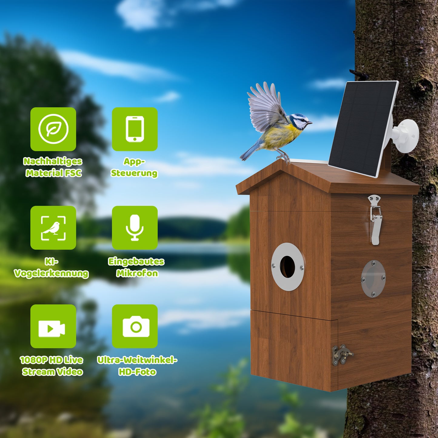 Holz-Vogelhaus mit Solar-Kamera an einem Baum, Blaumeise auf dem Dach, daneben grüne Icons für App‑Steuerung, KI‑Vogelerkennung, eingebautes Mikrofon, 1080p Live‑Stream und Weitwinkel‑HD‑Foto, Seehintergrund