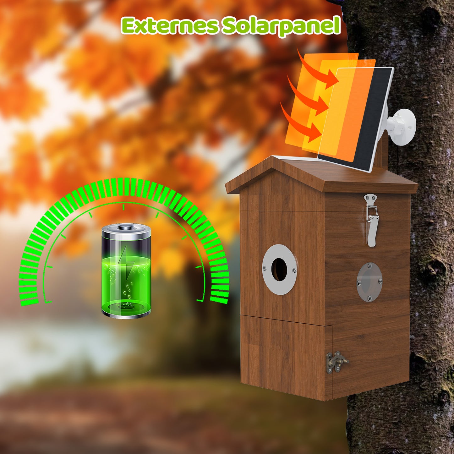 Holz-Vogelhaus mit montiertem externen Solarpanel am Baum, grünes Batterie-Ladesymbol und Ladeanzeige vor herbstlichem Hintergrund