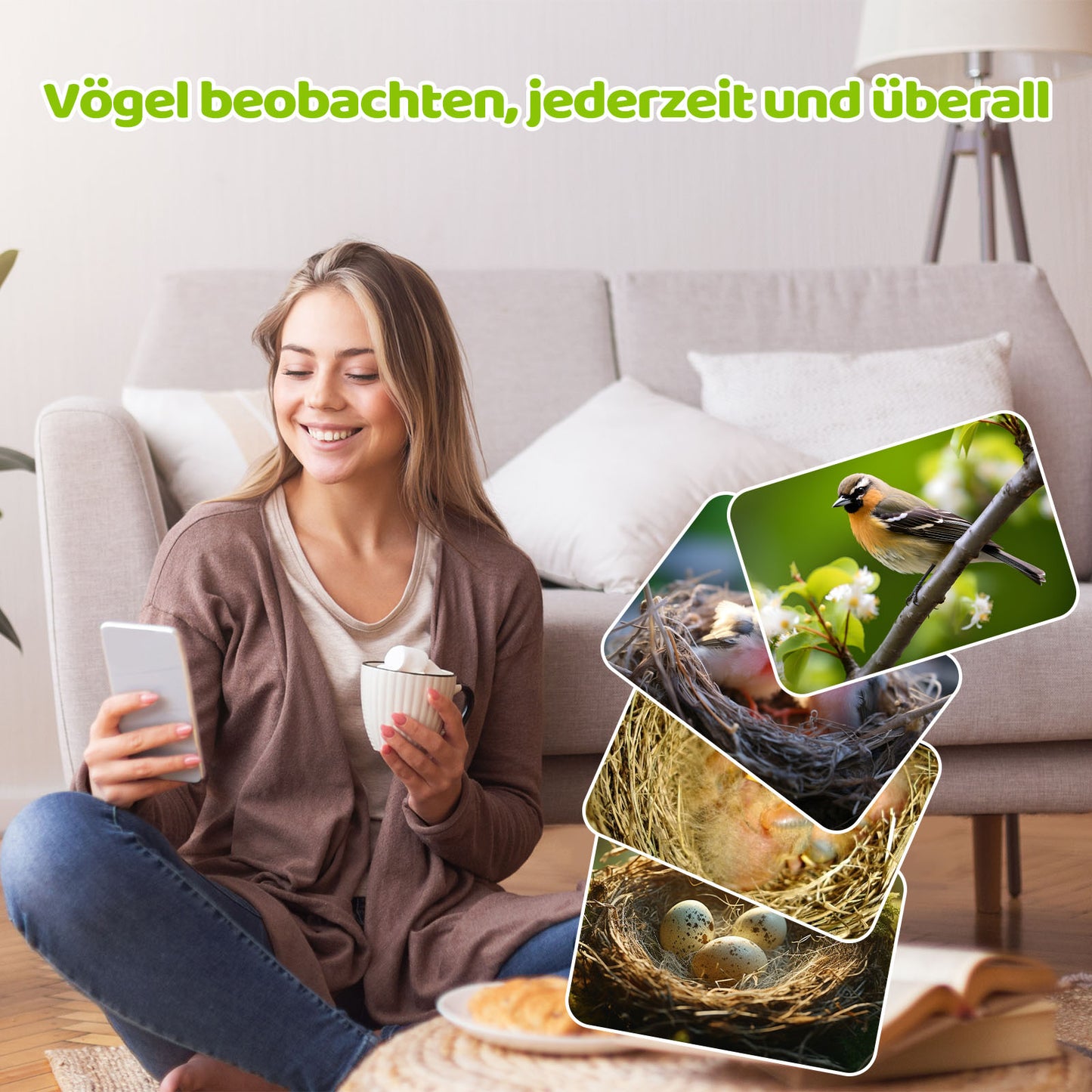 Frau sitzt mit Smartphone und Tasse vor Sofa, daneben Collage aus Vögeln, Nestern und Eiern und der Schriftzug ‚Vögel beobachten, jederzeit und überall‘ – Produktbild für Vogelhaus mit Kamera