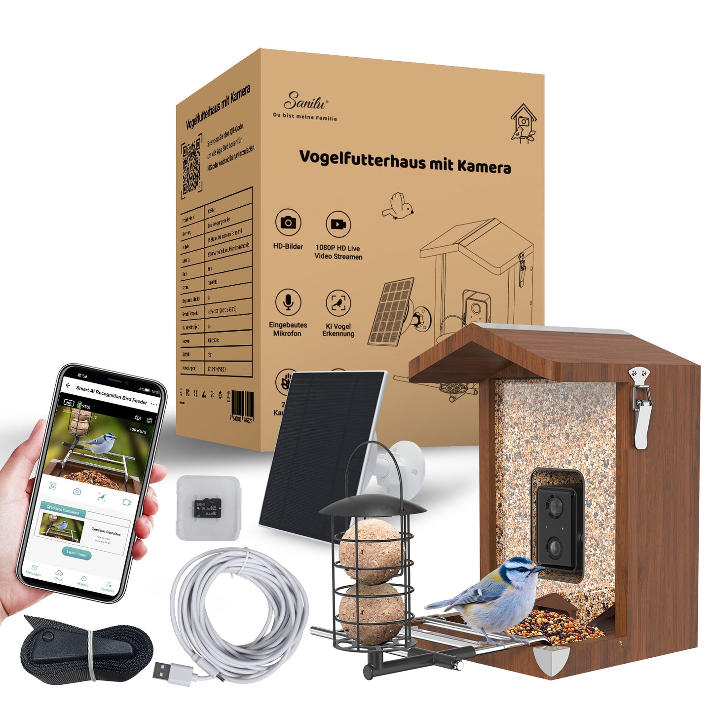 Holz-Vogelhaus mit eingebauter Kamera, Solarpanel, Montagehalter, USB-Kabel, Meisenknödelhalter, Verpackungskarton und Smartphone mit Live-Ansicht eines Vogels