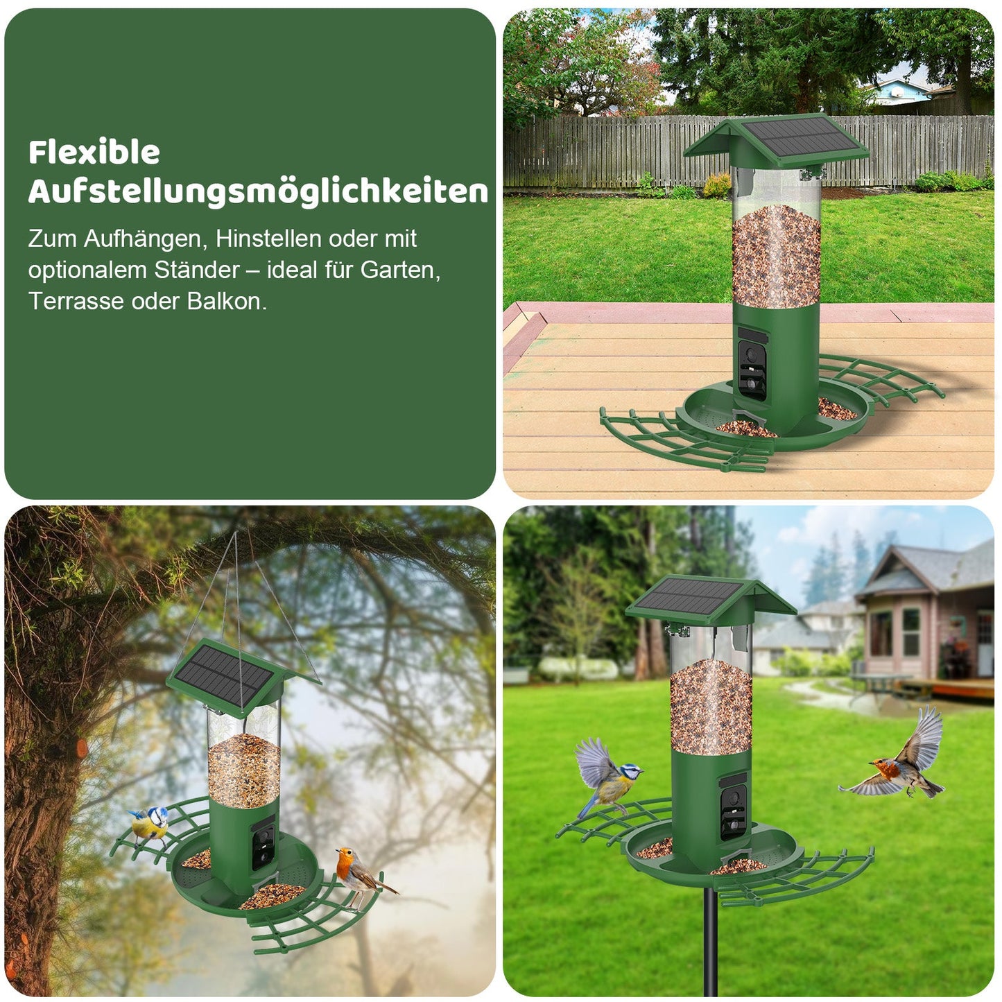 Vogelfutterstation DualCam Flexible Aufstellungsmöglichkeiten - Vier Bereiche mit verschiedenen Aufstellungsmöglichkeiten. Text im Bild: Flexible Aufstellungsmöglichkeiten
Zum Aufhängen, Hinstellen oder mit optionalem Ständer – ideal für Garten, Terrasse oder Balkon.