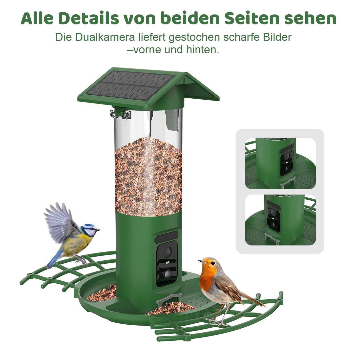 Vogelfutterstation DualCam von Sanilu - Doppel-Kamera-Ansicht mit zwei Vögeln - Text im Bild: Alle Details von beiden Seiten sehen
Die Dualkamera liefert gestochen scharfe Bilder – vorne und hinten.