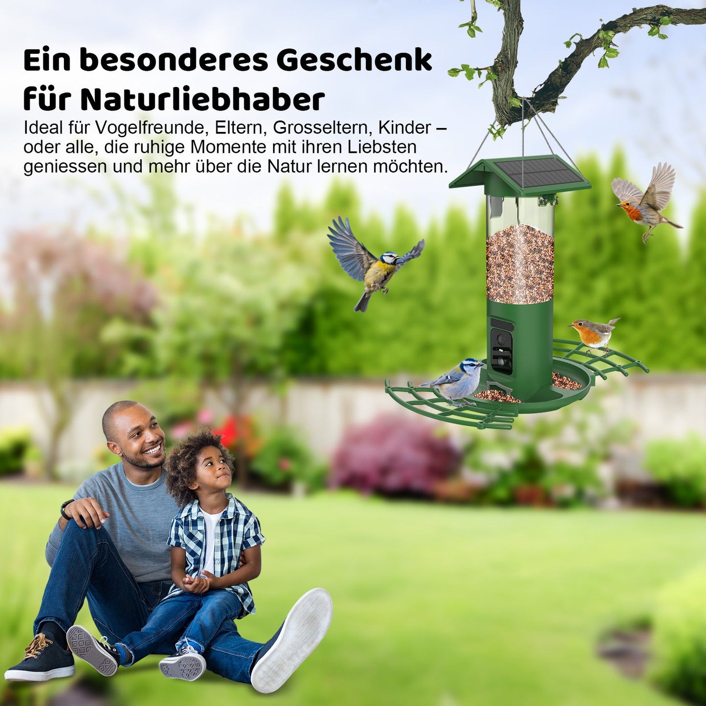 Vogelfutterstation DualCam von Sanilu - Geschenkansicht - Mann und Kind sitzen im Garten und schauen die Vogelfutterstation an - Viele Vögel fressen dort gerade oder fliegen darauf zu. Text im Bild: Ein besonderes Geschenk für Naturliebhaber
Ideal für Vogelfreunde, Eltern, Grosseltern, Kinder – oder alle, die ruhige Momente mit ihren Liebsten geniessen und mehr über die Natur lernen möchten.