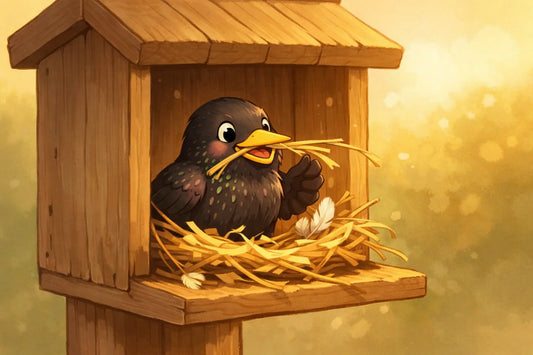 Eine fröhliche Amsel baut in einem warmen, sonnigen Garten ein Nest in einer einfachen Holzkasten.