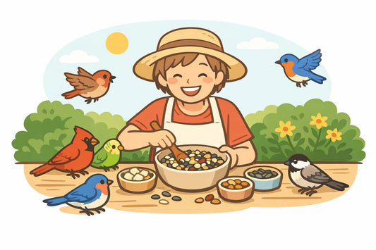 Fröhliche Person mischt in einem sonnigen Garten eigene Vogelfuttermischung, umgeben von bunten, wartenden Vögeln.