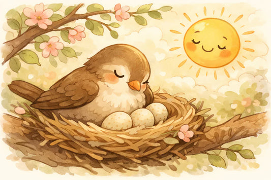 Eine Muttervogel sitzt in einem gemütlichen Nest und wärmt ihre Eier unter einem Baumzweig an einem warmen Frühlingstag.