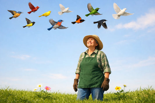 Gartenliebhaber lächelt auf grünem Rasen und beobachtet bunten Vogelzug unter warmem Sonnenschein.