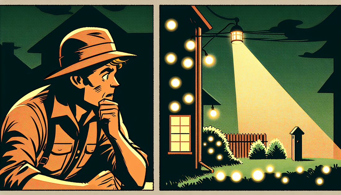 Besorgter Gärtner betrachtet beleuchteten Garten mit dunklem Eck und Vogelhaus in einem warmen, einfach gehaltenen Comic-Stil.