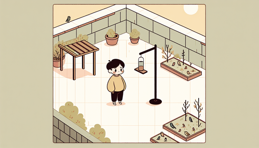 Trauriges Kind schaut auf einen kargen Dachgarten mit leerem Vogelhäuschen in warmen Farben. Minimalistisches Design.