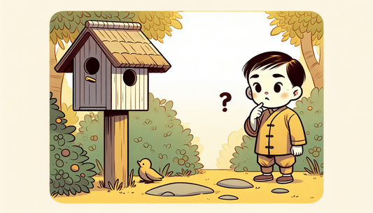 Verwirrtes Kind steht neben leerem Vogelhaus in einem minimalistischen Garten, illustrierte europäische Comic-Stil.