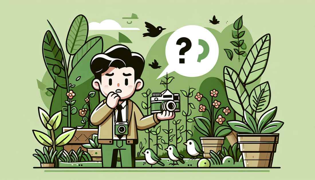 Verwirrte cartoonhafte Person mit Gartenkamera, umgeben von grünen Pflanzen und Vögeln in einem minimalistischen Design.