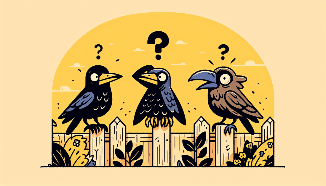 Eine cartoonhafte Krähe und ein Rabe sitzen verwirrt auf einem Gartenzaun in warmen Farben.