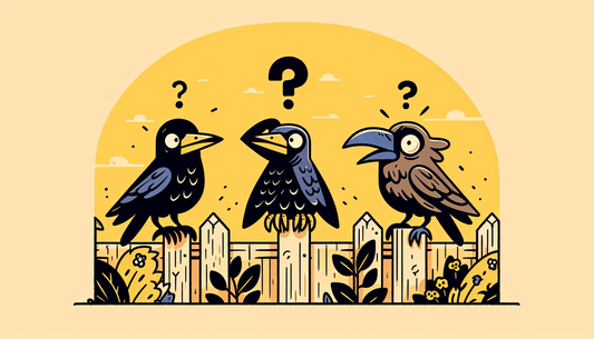 Eine cartoonhafte Krähe und ein Rabe sitzen verwirrt auf einem Gartenzaun in warmen Farben.