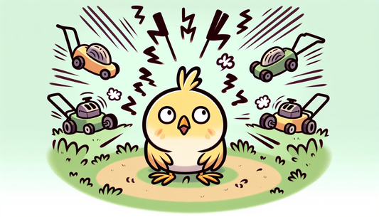 Gestresster Cartoon-Vogel in einem lauten Garten mit Rasenmähern und Stimmen, minimalistische, bunte Illustration.