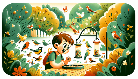 Kind beobachtet neugierig bunten Garten mit Vögeln, nahe einem Vogelhaus, in sanften Farben in europäischem Comicstil.