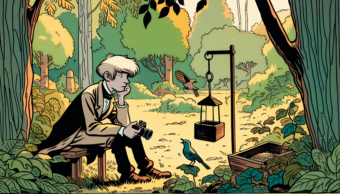 Ein Cartoon-Mensch sitzt im Garten, beobachtet einen Vogel am Futterhäuschen und hält eine Kamera in der Hand.