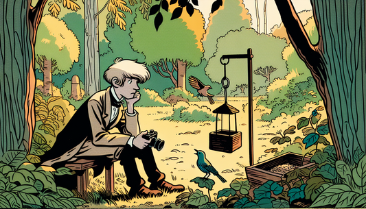Ein Cartoon-Mensch sitzt im Garten, beobachtet einen Vogel am Futterhäuschen und hält eine Kamera in der Hand.