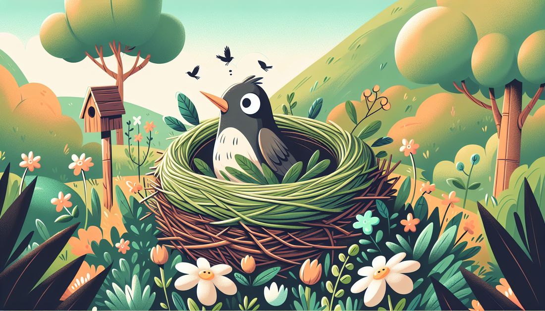 Cartoon-Starling in einem Nest aus Zweigen und Gras, mit Gartenhintergrund, Blumen und einem Vogelhaus in sanften Farben.