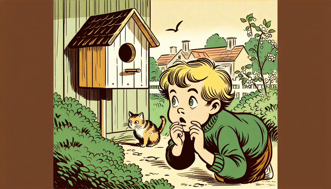 Besorgtes Kind beobachtet einen Vogelhaus im Garten, während eine Katze heimlich lauert. Minimalistischer Comic-Stil.