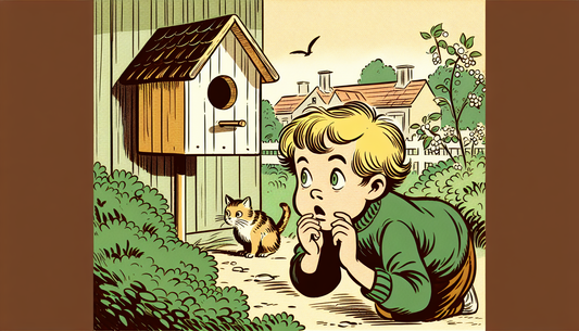 Besorgtes Kind beobachtet einen Vogelhaus im Garten, während eine Katze heimlich lauert. Minimalistischer Comic-Stil.