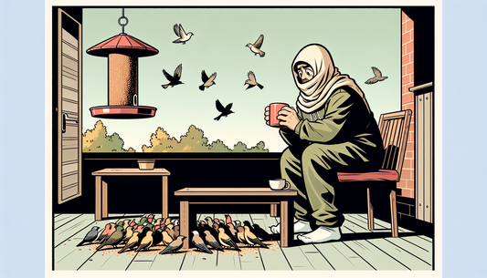 Person auf Terrasse mit Kaffeebecher, besorgt über invasive Vögel am Futterplatz, in warmen Farben und einfachem Comic-Stil.