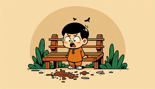 Kind schaut enttäuscht auf eine Gartenbank, die mit Vogelkot bedeckt ist, im warmen europäischen Comic-Stil.