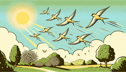 Cartoon-Vögel in V-Formation fliegen über einen sonnigen Garten in sanften Gelbtönen und leichtem Grün.