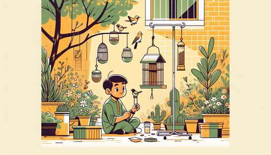 Kind schaut verwirrt, während es versucht, Vogelfutterstellen im kleinen urbanen Garten aufzuhängen, im minimalistischen Comicstil.