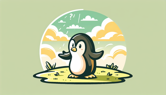 Verwirrter Pinguin mit ausgestreckten Flügeln auf Gras, schaut nach oben in einem klaren, minimalistischen Design.