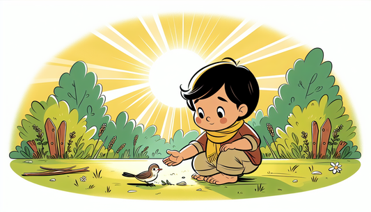 Besorgtes Kind kniet neben verletzt Vogel in sonnigem Garten, in warmen Farben und minimalistischem Comic-Stil.