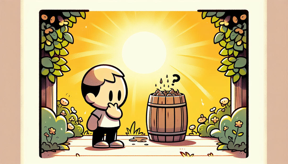 Befunder Cartoonfigur schaut perplex auf einen Regenwassertank voller Vogeldreck in einem sonnigen Garten.