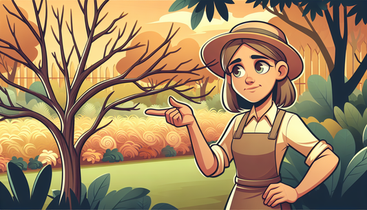 Puzzled cartoon gardener in a warm garden, staring at an empty tree branch in a simple, inviting illustration.
