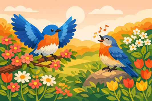 Pärchen von Vögeln im Garten, einer singt, der andere zeigt mit ausgebreiteten Flügeln die Balz zur Fortpflanzung.