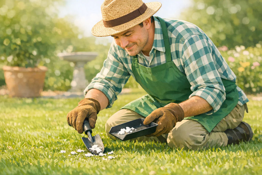 Ein fröhlicher Gärtner kniet auf dem Gras und entfernt Vogelkot mit einer kleinen Schaufel in einem sonnigen Garten.