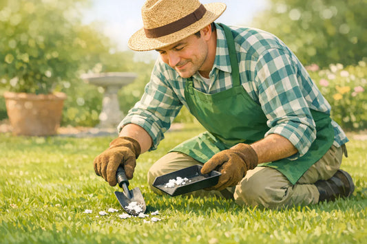 Ein fröhlicher Gärtner kniet auf dem Gras und entfernt Vogelkot mit einer kleinen Schaufel in einem sonnigen Garten.