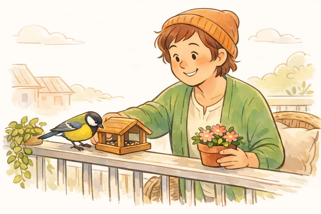 Gemütliche Balkon-Szene mit fröhlicher Person, die einen Vogelhaus und eine Blumentöpfe platziert und Gartenvögel anzieht.