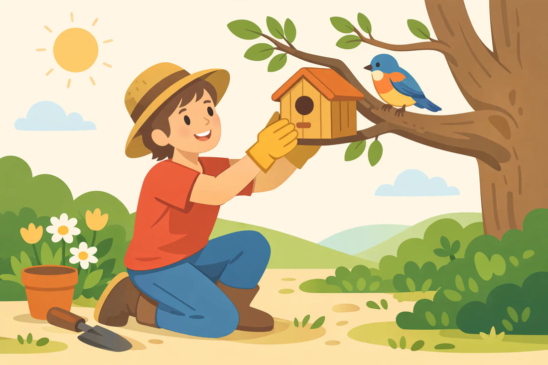 Fröhliche Person kniet im Garten und platziert ein Vogelhaus am Baum, während ein bunter Vogel neugierig zuschaut.