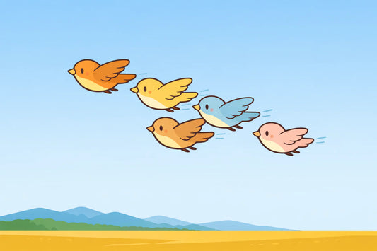 Fröhliche Vögel fliegen in einem klaren Himmel über eine stilisierte, flache Landschaft in Südrichtung.