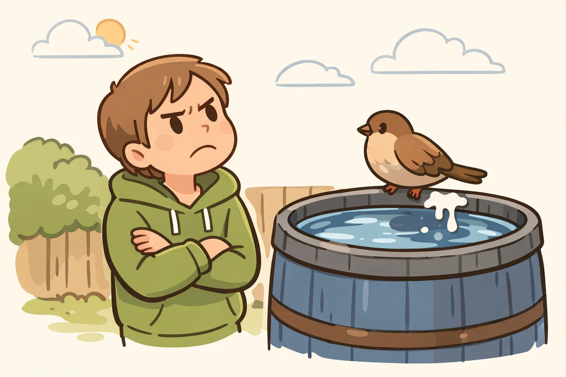 Besorgte Person neben einem Regenfass, schaut frustriert zu einem Vogel, der gerade Kot hinterlassen hat.